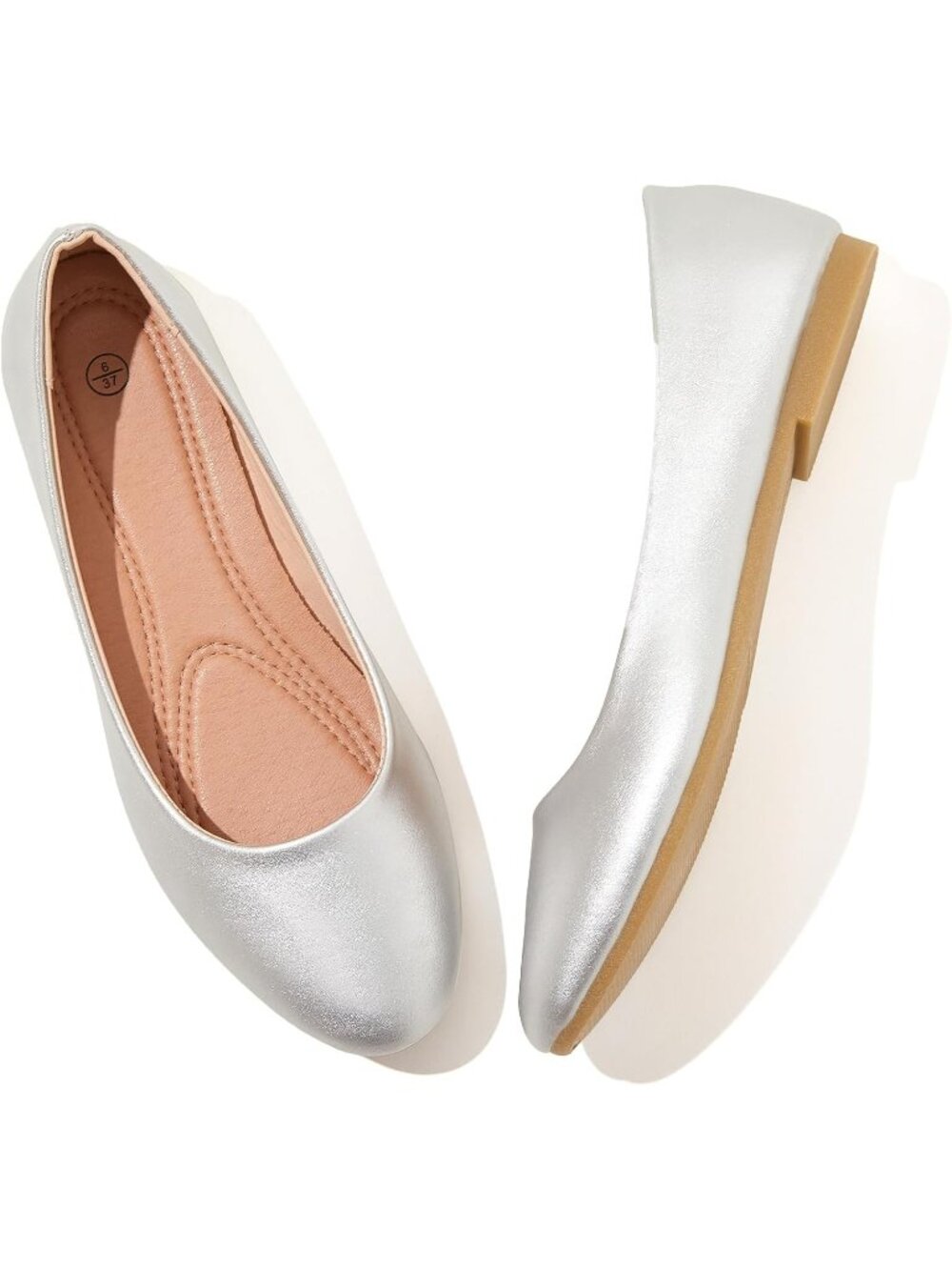 Women's Silver PU Leather Non Slip Low Heel Slip on Ballet Loafer Flat Shoes